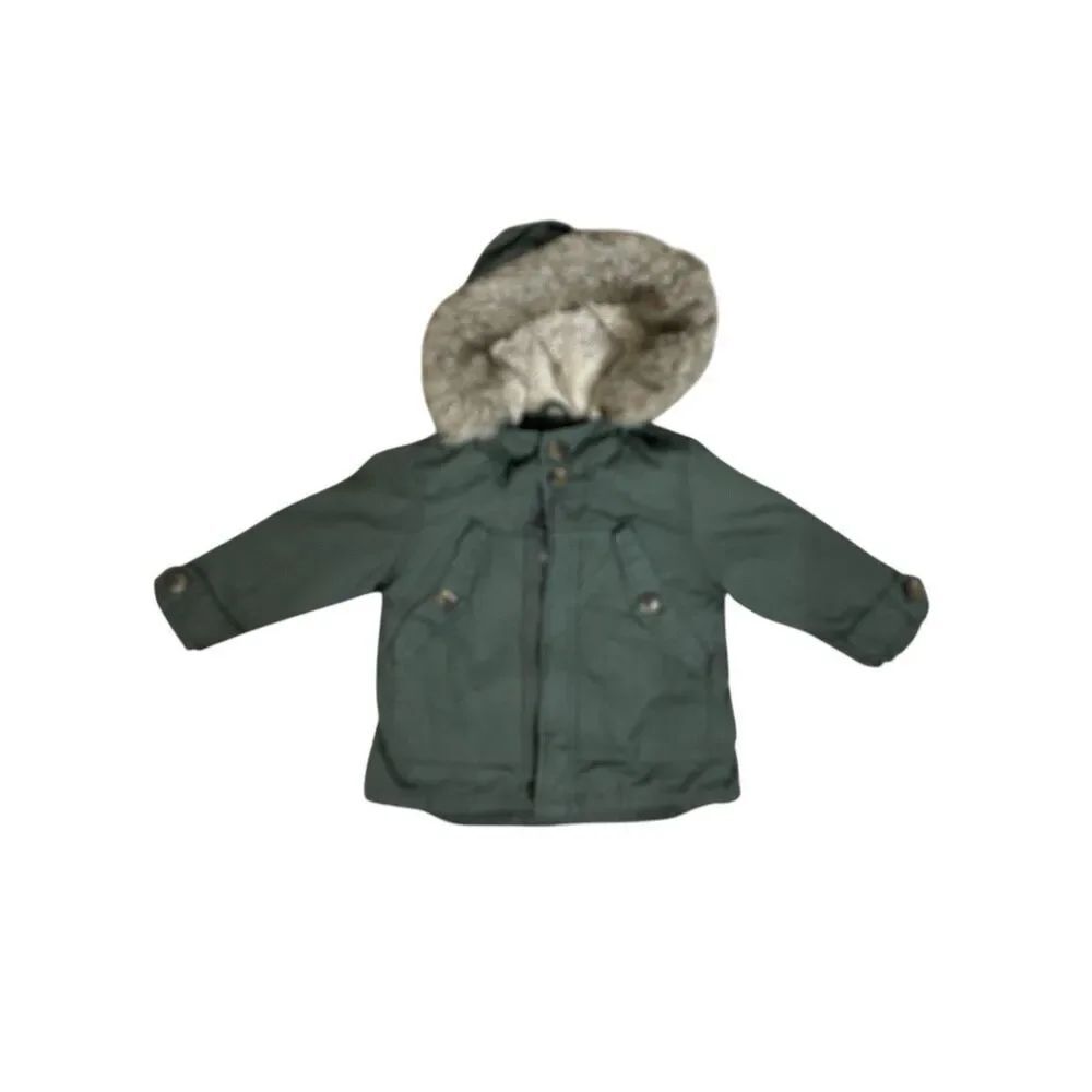 Zara Baby Green Hooded Jacket Faux Fur Size 9-12M